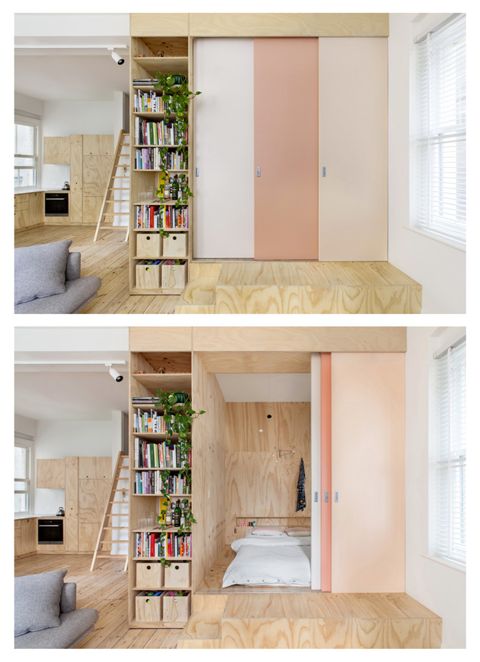desain kamar tidur flinders lane apartment dengan sliding door