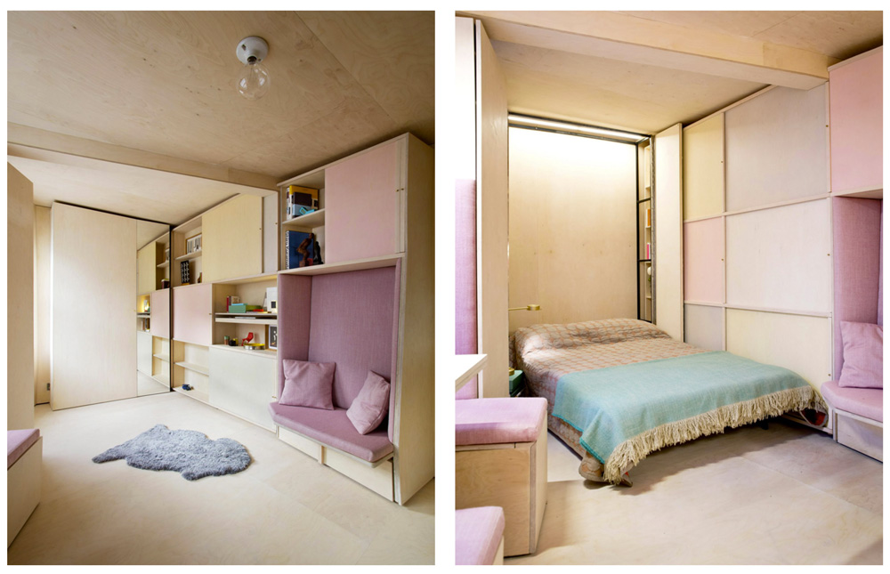 desain kamar tidur di london berwarna krem, ungu, pink
