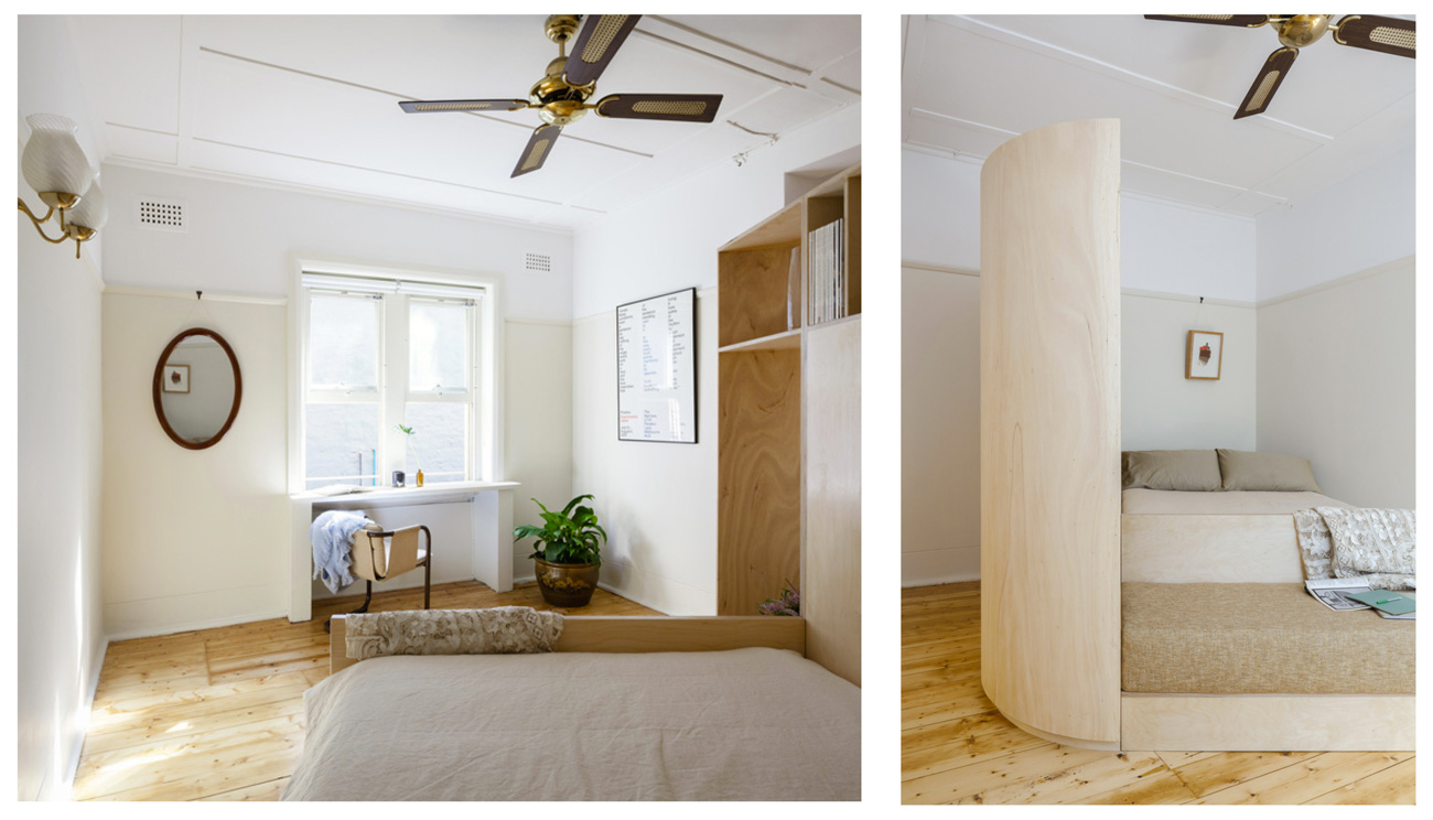 desain kamar tidur sculpted studio apartment berwarna putih dan krem