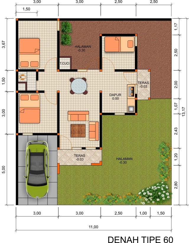 denah rumah type 60 minimalis modern