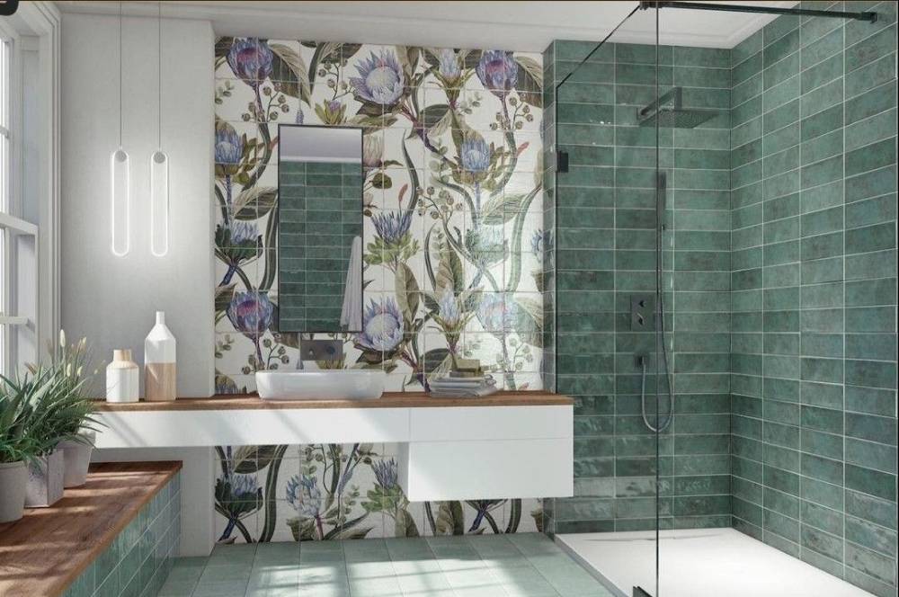 5 Penataan Keramik Dinding Kamar Mandi Motif Bunga